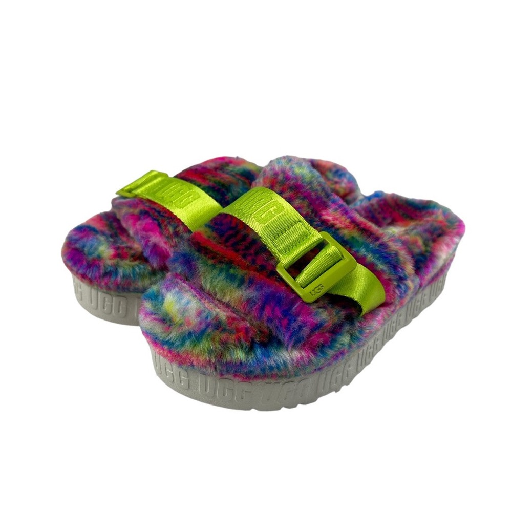 UGG Fluffita Pixelate Flatform Sandals Womens 7 Multi Faux Fur Slides 1120902